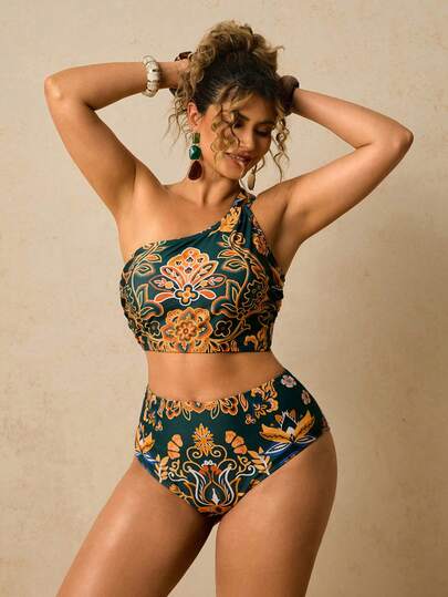 Travachic Plus Size Tropical Print Hollow-Out Detail Halter Bikini Set, Casual Beach Vacation Summer