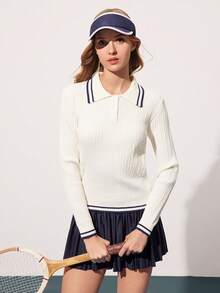 CourtClass Women's Casual Patchwork Striped Trim Knitted Sweater - White - View 5