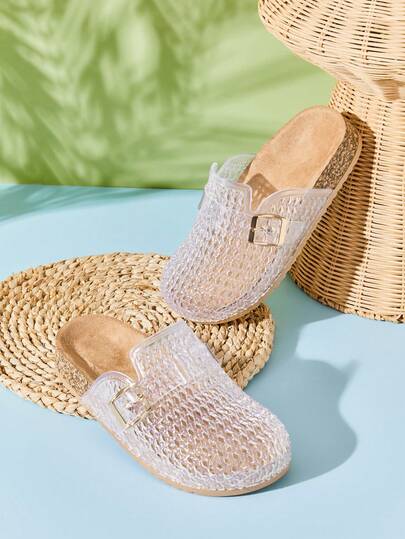 Mini mi #ViralFind Kid's Clear Jelly Buckle Decor Cork Sole Slip-On Clogs – Airy, Modern & Summer-Ready Comfort.