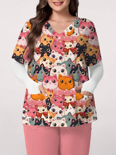 PopScrub ملابس علوية صيفية مقاسات كبيرة مع ربطة عنق وطباعة كرتونية لقطة جميلة، ملابس علوية ممرضة كاجوال للنساء