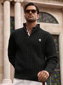 HIMLAND Men's Autumn/Winter Zipper Half-Open Chest Drawstring Fashionable Knitted Crew Neck Pullover Sweater, Casual Black Sweater Men Cable Knit Sweater Men Mens Sweaters Quarter Zip Sweater Men Polo Sweater