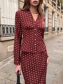 Pariaura Women's New French - Style Woven Fabric Printed Polka Dot Lapel Waist - Cinching Long - Sleeve Shirt And Midi Skirt Two Pieces Set: Embrace Romantic Retro Charm - Brown - View 3