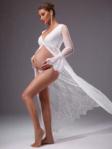 MaterniChic 孕妇纯色简约蕾丝拼接连衣裙，日常穿着 - 白色 - 查看 6