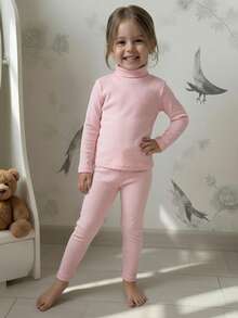 SHEIN 2件套女童休闲白色罗纹针织T恤和打底裤套装，适合室内外穿着，秋冬季 - 粉色 - 查看 4