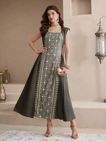 Al Najma New Design Patchwork Cinched Waist Casual Party Vacation Dress Kaftan Jalabiya Dress