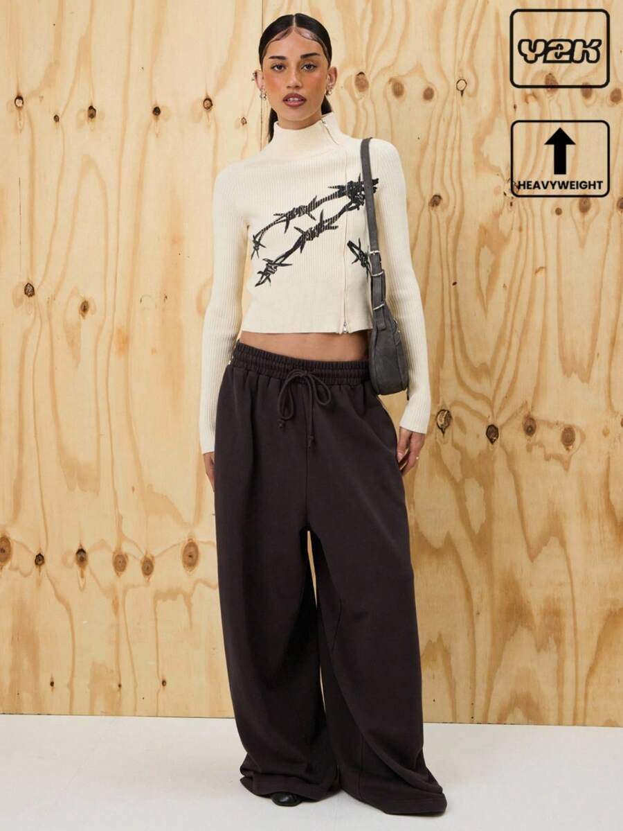 COUREZ Asymmetric Zip Up Fitted Rib Knit Jumper With Graphic /Y2K Going Out For Women Spring For Women Going Out Tops Rave Women's Spring Sweater - Apricot - View 1