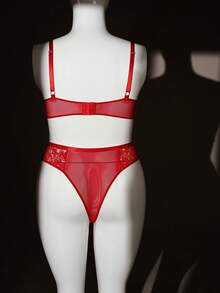 SHEIN 1pc Plus Size Lace Contrast Mesh Underwire Sexy Bodysuit, Valentine's Day - Red - View 8