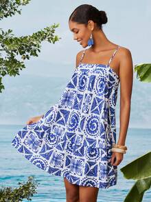 Travachic Đầm slip kiểu vintage phối màu tương phản dành cho nữ - Xanh và trắng - Xem 5
