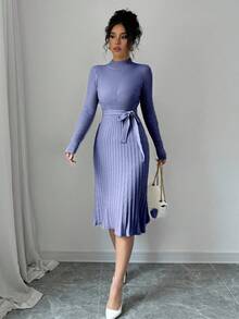 Selianne 女士优雅纯色罗纹针织连衣裙，秋季 - 淺藍色 - 查看 5