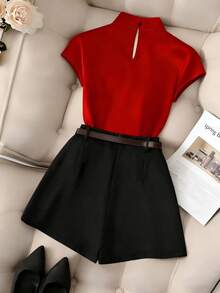 Franclia 1 Set Women's Red Cheongsam Collar Short Sleeve Top And Black Waist Belt Skirt Red And Black Outfit Red Clothes Bow Clothes Black Skirt Red Top - Multicolor - View 2