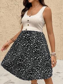 SHEIN Vestido de maternidad y lactancia con cuello de barco y estampado floral sin mangas - Negro - Ver 4