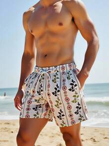 Manfinity Swimmode 男士夏季度假风植物印花抽绳腰斜插口袋宽松沙滩短裤 - 彩色 - 查看 5