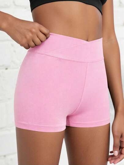 SHEIN Tween Girls Activewear Enfärgade Casual Minimalistiska Shorts med Korsad Midja, Hög Stretchigt 4-vägs Stretchtyg, Lämplig För Cykling, Löpning, Träning