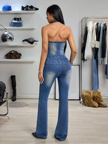 Jeanoix Y2K Women's Fashion Casual Sleeveless Minimalist Fitted Denim Flare Jumpsuit - Dark Wash - View 2
