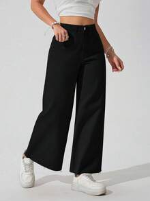 SHEIN ICON Jeans rectos de talle elástico negro con dobladillo deshilachado para mujer de talla grande - Negro - Ver 4