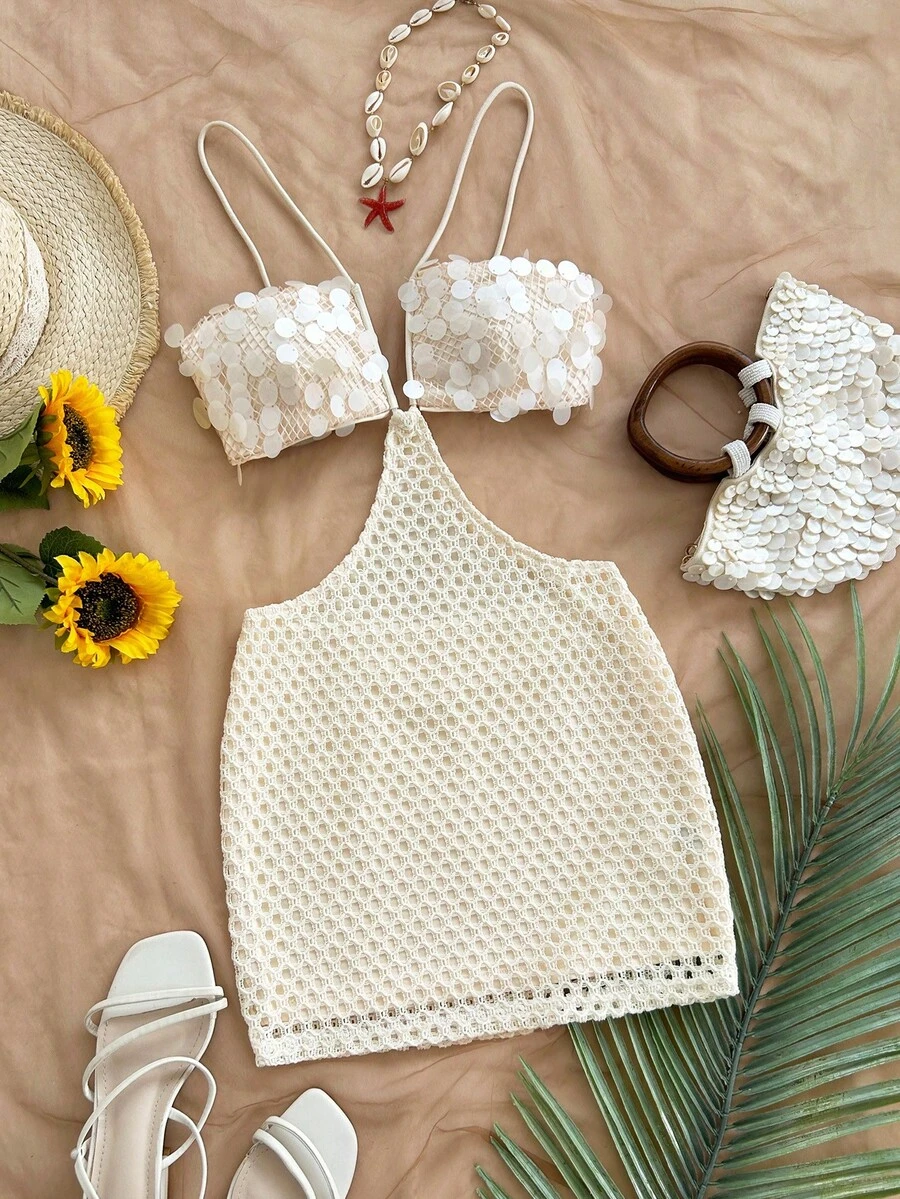 Soleia 女士度假浪漫性感杏色亮片V领镂空露背吊带迷你连衣裙，休闲、约会、下午茶、海滩、邮轮、城市度假、音乐节、派对、波西米亚风、嬉皮风、西部风 - 杏色 - 查看 1