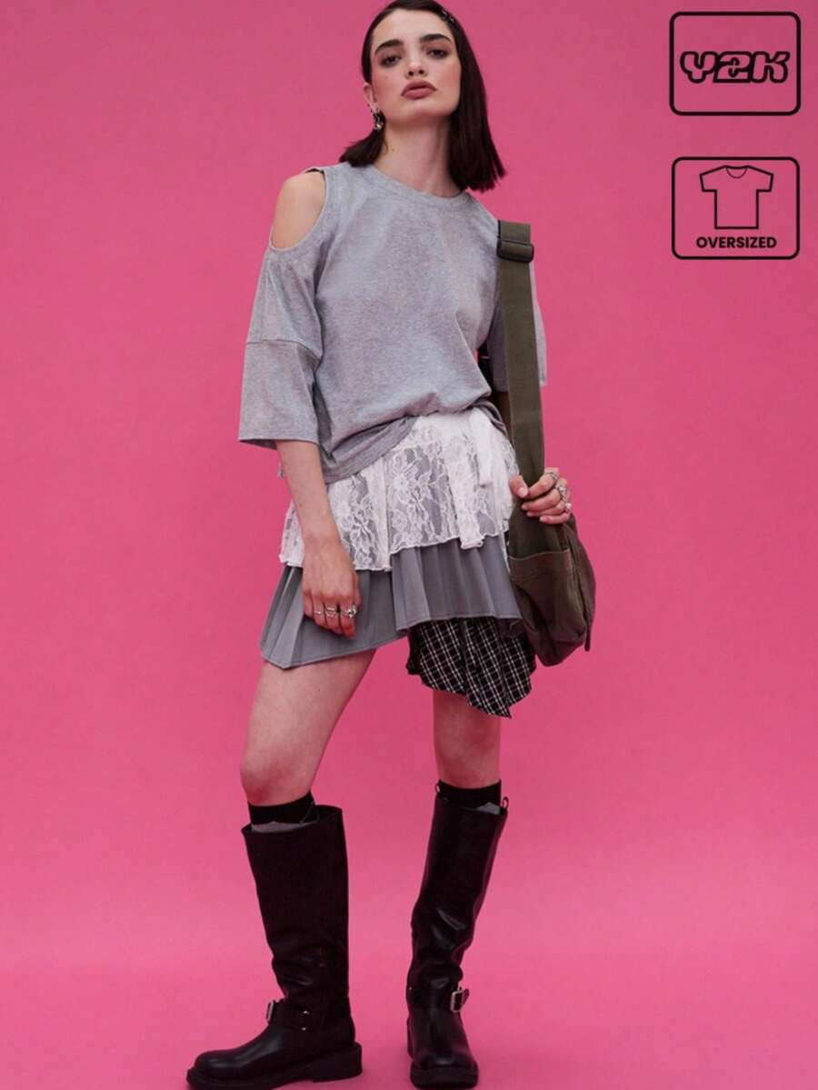 COUREZ Asymmetric Short Sleeve T-Shirt /Y2K Going Out Tops  Women Clothes  Clothes Cute - Grey - View 1
