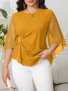 Reflora Plus Size Summer Elegant Commuter Solid Color Pleated Asymmetric Hem Blouse Fall - Yellow - View 3