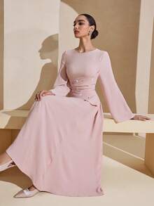 Graceveil Elegant Women's Rhinestone Embellished Ruched Crew Neck Long Sleeve Dress, Soft Pink - Pink - View 9