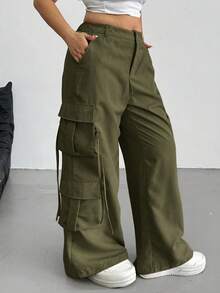 SHEIN Tall CURVE 大码女式纯色纽扣工装休闲阔腿裤，日常百搭 - 軍綠色 - 查看 4