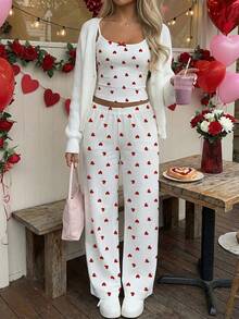 Aloruh 2pcs Women's Summer Casual Heart Allover Print Bow Tie Spaghetti Strap Top And Pants Set, Valentine's Day Outfit, Suitable For Valentine's Day Date, Y2K - Multicolor - View 2