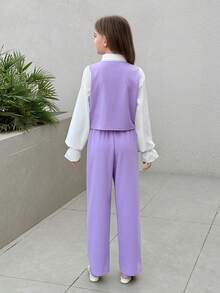 SHEIN Ensemble 2 en 1 pour filles préadolescentes, style décontracté pour l'école, avec chemise à col et manches à volants, et pantalon droit. Tenue de rentrée scolaire - Prune - Voir 2