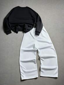 PAVTROS Ensemble sweat-shirt noir à imprimé lettres et pantalon blanc à cordon de serrage pour hommes - Multicolore - Voir 2