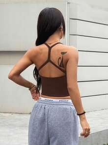 Dewbera 女士无缝瑜伽运动文胸无钢圈健身短款运动背心跑步文胸 - 咖啡棕 - 查看 7