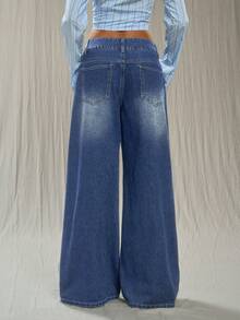 TRNVIE Y2K Fashion Casual Wide Waistband Low Waist Flare Leg Jeans - Medium Wash - View 2