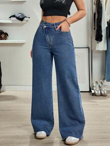 SHEIN Tall Tall Women's Casual Versatile High-Waisted Straight Leg Jeans - Dark Wash - View 4