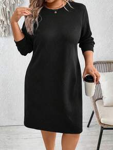 EMERY ROSE Đầm dài tay cổ tròn màu xanh hải quân trơn, chất liệu vải gợn sóng, cỡ lớn dành cho nữ, thích hợp mặc hàng ngày, mùa thu/đông. - màu đen - Xem 6