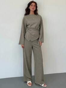 Aloruh Women's Elegant Sage Green Office Outfit: Ruched Bell Sleeve Blouse And Extra Long Straight Leg Wide Leg Pants For Autumn - Khaki - View 7