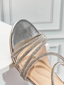 Mini mi 女童银色水钻装饰露趾粗跟派对凉鞋 - 公主舞会及派对高跟鞋 - 銀色 - 查看 6
