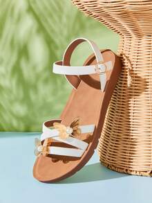 Mini mi Girls' Metallic Gold 3D Butterfly Faux Pearl Decor Vegan Leather White Strap Sandals – Elegant, Light,Sweet & Comfy. - White - View 6