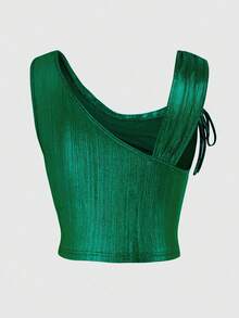 Olithes Women's Fashionable Pleated Cropped Fitted Tank Top, Summer Green Shimmer Top Green Top Women Green Tops Emerald Green Top Bow Shoulder Top - Green - View 2