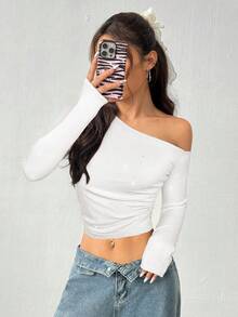 SHEIN EZwear 亮片针织女式新款音乐节不对称肩部短款褶皱长袖T恤 - 白色 - 查看 5