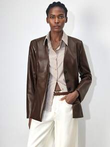 Maija Women's Autumn/Winter Oblique Shoulder Cinched Waist PU Leather Urban Chic Commuter Business Casual Elegant Jacket, Suitable For Christmas, New Year Party And Gathering - Brown - View 6