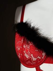 SHEIN 1pc Plus Size Lace Contrast Mesh Underwire Sexy Bodysuit, Valentine's Day - Red - View 3