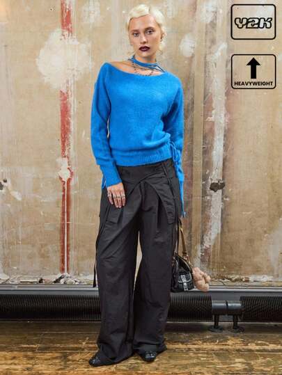 COUREZ Neck Tie Detail Off Shoulder Regular Fit Jumper /Y2K  Clothes For Women Spring Clothes For Women Casual Going Out Tops Women's Spring Sweater Festivals Outfit