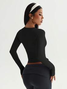 Easithlete Áo thể thao dài tay màu hồng không đường may dành cho nữ, có lỗ xỏ ngón tay cái và dây rút. - màu đen - Xem 2