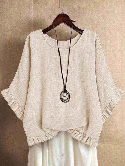 Linhara Plus Size Plain Ruffle Collar Casual Minimalist Shirt