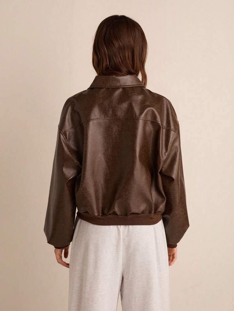 Easelle Women's Plain Zip-Up PU Leather Long Sleeve Casual Jacket