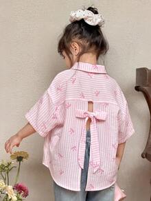 女童休闲舒适条纹领开襟宽松短袖镂空后背梭织衬衫