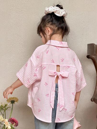 Young Girl Girls Casual Comfortable Striped Collar Open Front Loose Short Sleeve Hollow Back Woven Shirt