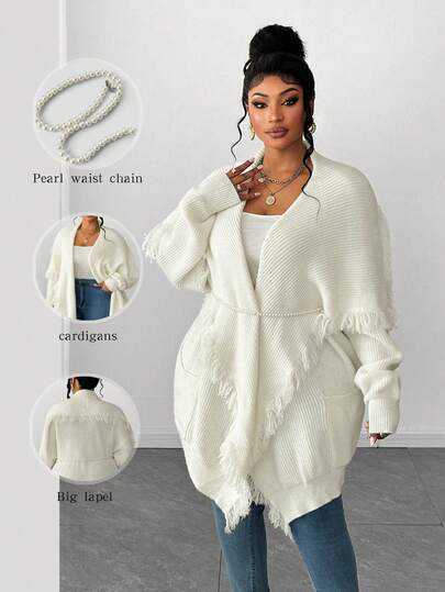 Maweii Women's Elegant Romantic Simple Chic French High-End Fashion Young Gentle Date Photoshoot Large Lapel Long Sleeve Decorated Double Pockets Pearl Waist Chain White Knitted Tassel Cardigan Sweater Loose Plus Size V-Neck Fringed Wind Street Coat Top, Spring Fall Winter White Sweater Cardigan White Cover Up White Kimono
