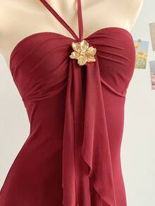 Soleia 女士度假蓝色针织网纱浪漫修身露背系带金属扣装饰鱼尾连衣裙，适合派对、圣诞节、约会、夜店、波西米亚风、度假、秋季等场合。 - 酒紅色 - 查看 3