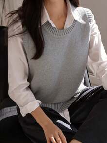 SHEIN LUNE 女士休闲日常通勤简约纯色侧扣叠层针织背心，秋冬款 - 灰色 - 查看 5