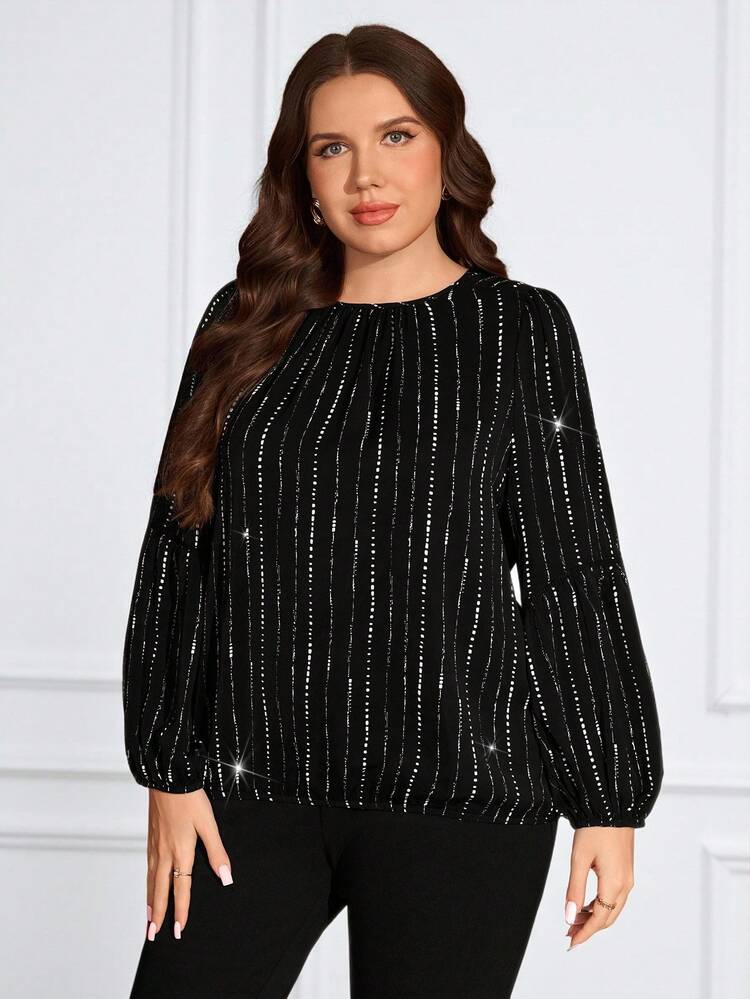 Plus Size Elegant Black Striped Print Lantern Sleeve Blouse, Winter,Going Out,2025 New,Simple And Fashionable For Everyday Wear,