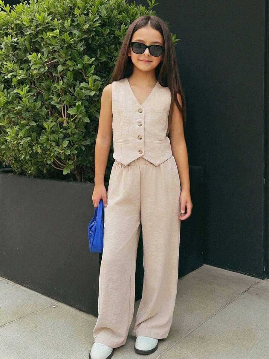 Firerie Kids Firerie Kids Nova Glow Tween Girls Casual Street-Chic Fashion Commuting&School Style Woven Striped Wide-Leg Straight Pants, Dark Gray