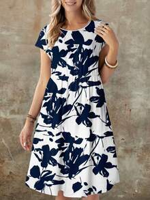 EMERY ROSE 女士休闲宽松圆领短袖中长连衣裙，适合春夏穿着，优雅碎花连衣裙，蓝白碎花连衣裙，休闲款 - 彩色 - 查看 3